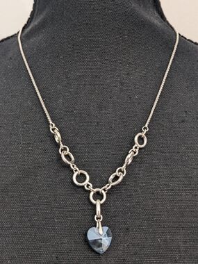 Y2K Silver Heart Pendant Necklace with Blue Crystal Charm and Mixed-Link Chain